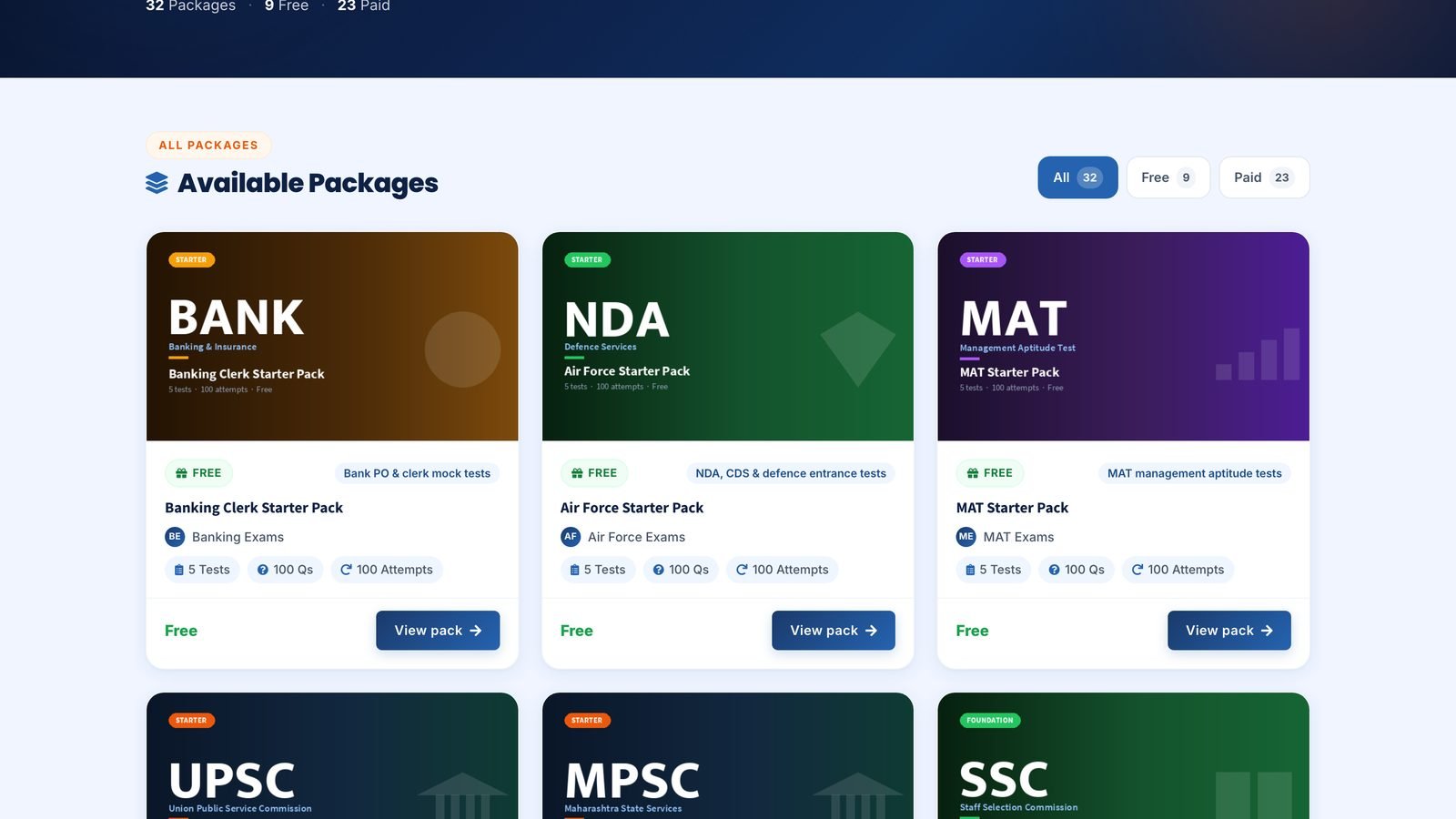 The Online Exams package catalogue: UPSC, MPSC, SSC, NDA, MAT and banking test series, each showing its tests, questions and price.